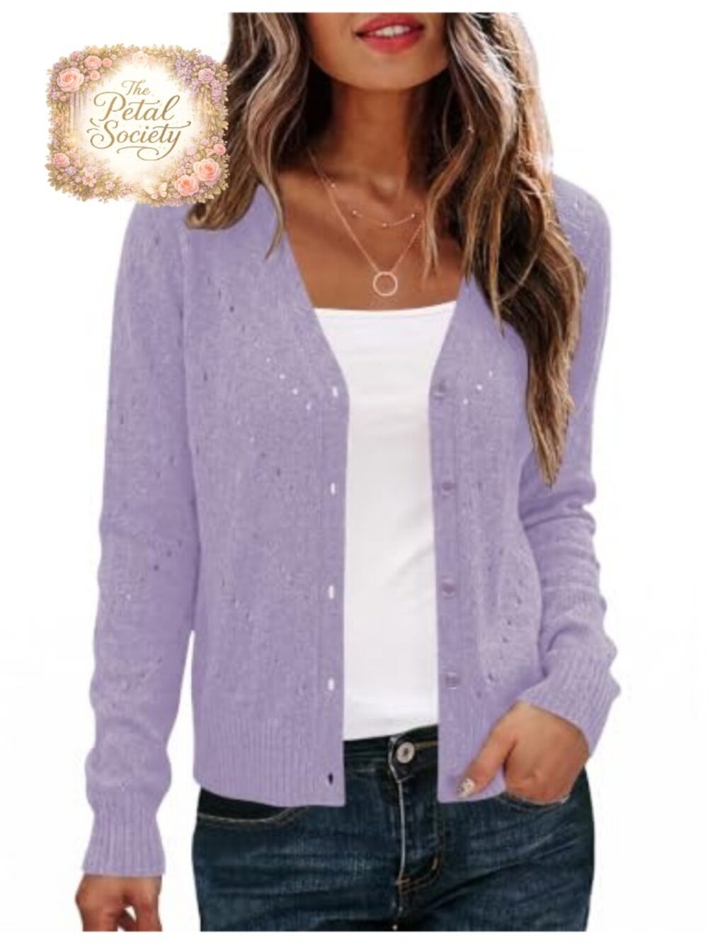 LOMON Womens Open Front Crochet Cardigan V-Neck Button Sweater